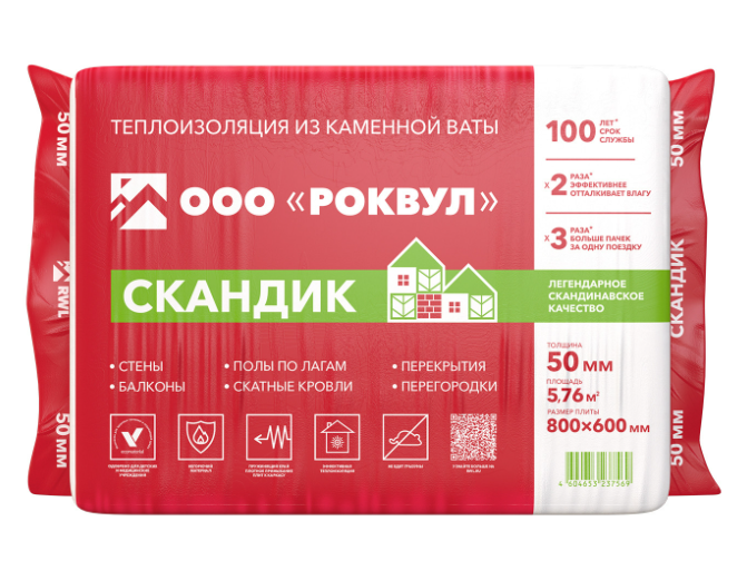 Утеплитель RockWool Лайт Баттс Скандик 800х600х50 (12 шт/пач; 5,76м2; 0,288м3; 24 пач/пал)