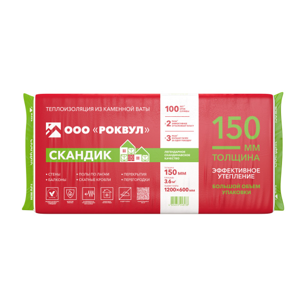 Утеп. RockWool ЛайтБаттс СкандикXL 1200х600х150 (5 шт/упак; 3,60м2; 0,54м3; 20 пач/пал)