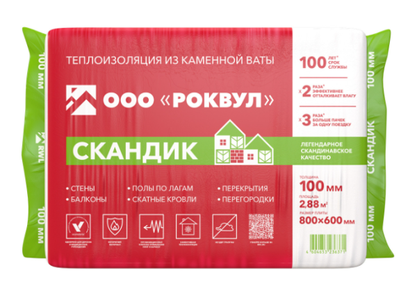 Утеплитель RockWool Лайт Баттс Скандик 800х600х100 (6 шт/пач; 2,88м2; 0,288м3; 36 пач/пал)