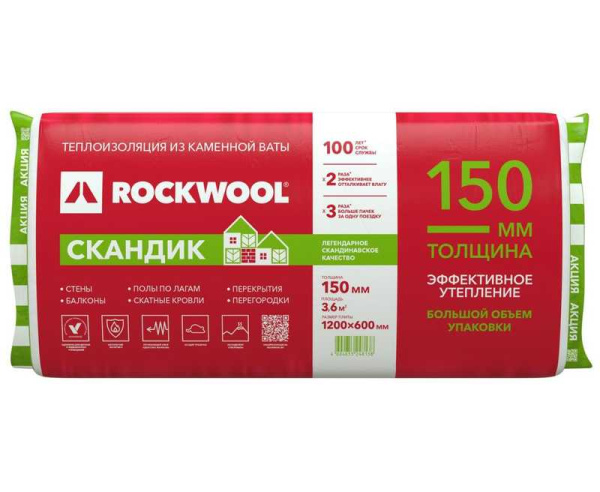 Утеп. RockWool Лайт Батгс Скандик 1200х600х150 (3,6м2/уп; 0,54 мз/уп)