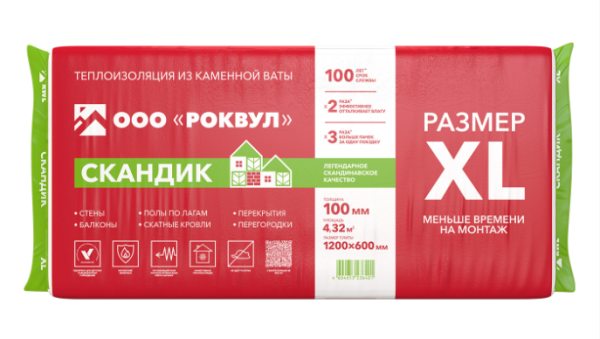 Утеп. RockWool ЛайтБаттс СкандикXL 1200х600х100 (6 шт/пач; 4,32м2; 0,432м3; 24 пач/пал)